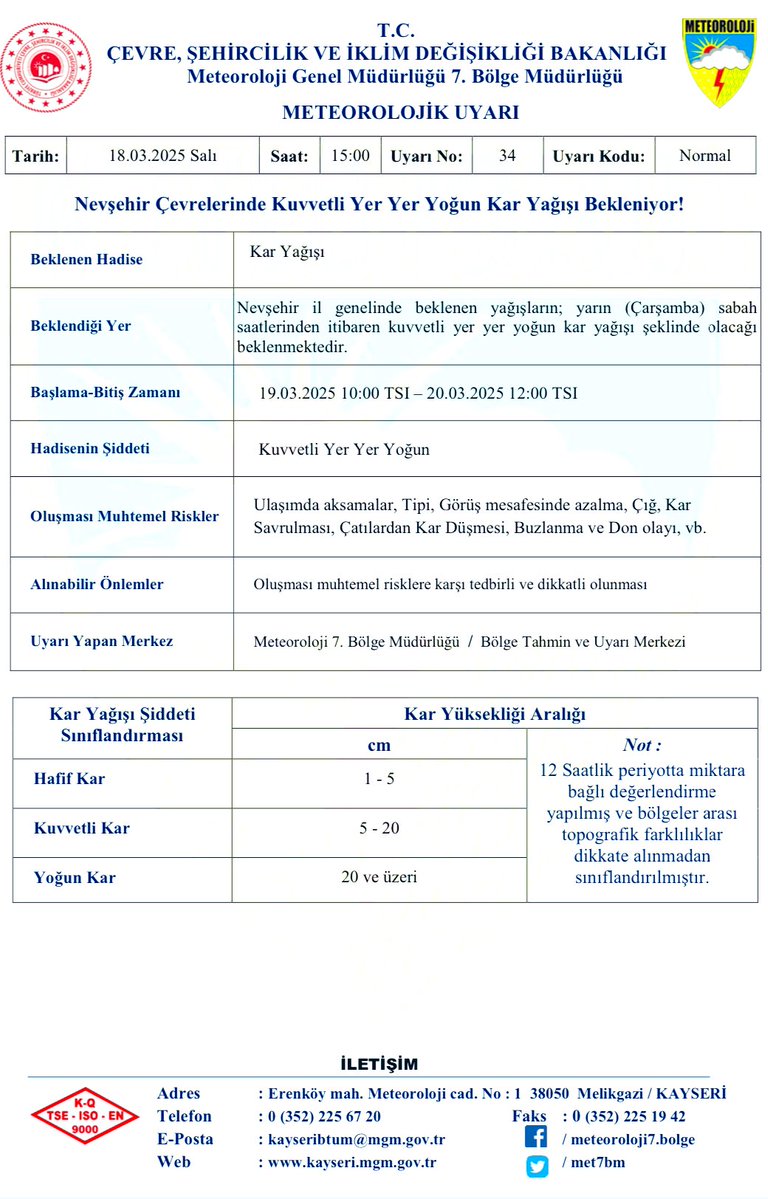 Nevşehir'de Yarın Beklenen Kuvvetli Kar Yağışı Uyarısı