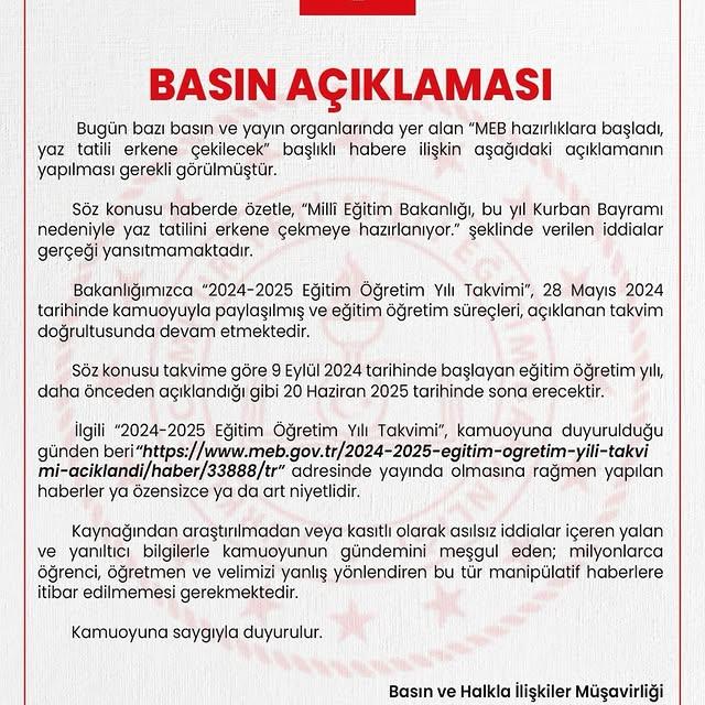 MEB, Yaz Tatili İddialarına Açıklık Getirdi