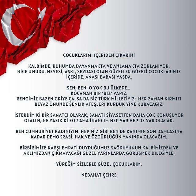 Nebahat Çehre, Sosyal Medyadan Duygusal Açıklama: 