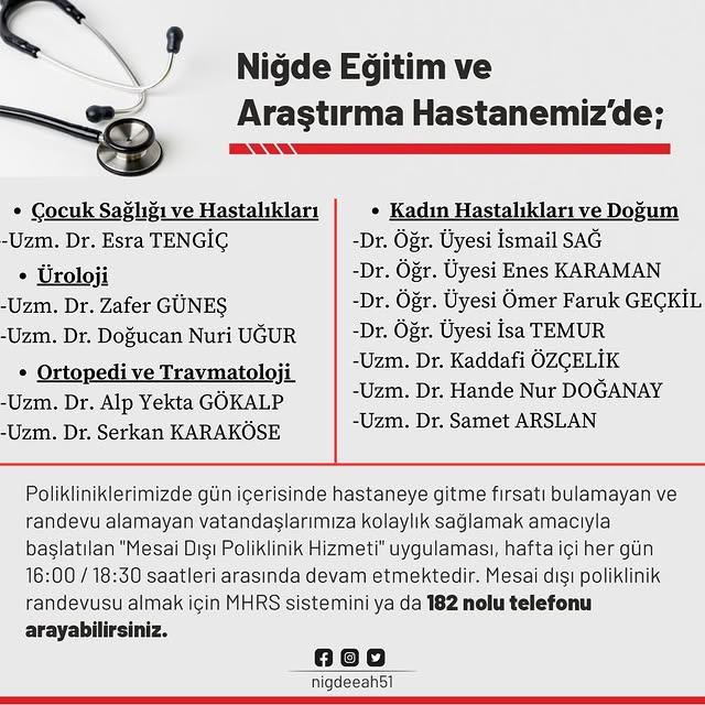 Niğde Eğitim ve Araştırma Hastanesi, Vatandaşlara Mesai Dışı Poliklinik Hizmeti Sunuyor