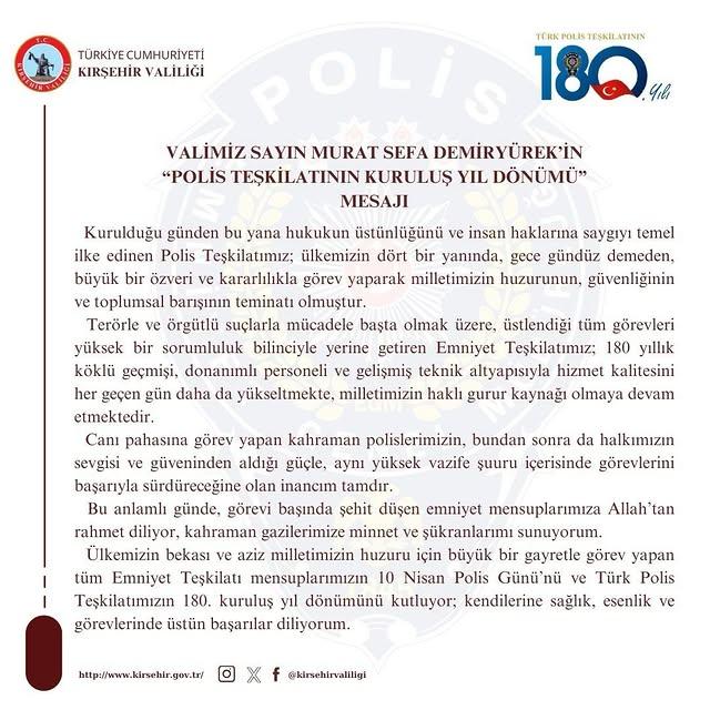 Kırşehir Valiliği, Türk Polis Teşkilatının Kuruluş Yıl Dönümünü Kutladı