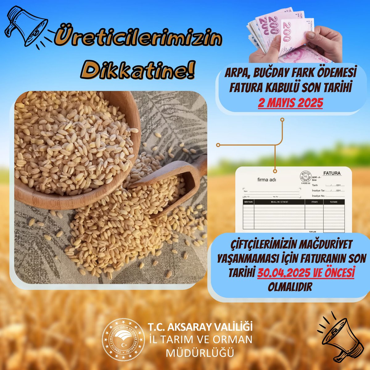 Aksaray Arıcılar ve Buğday-Arpa Fark Ödemesi Son Tarihi Belirlendi