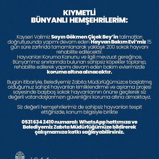 Bünyan'da Yeni Hayvan Bakım Evinde 200 Sokak Hayvanı Rehabilitasyonu Başlangıçta
