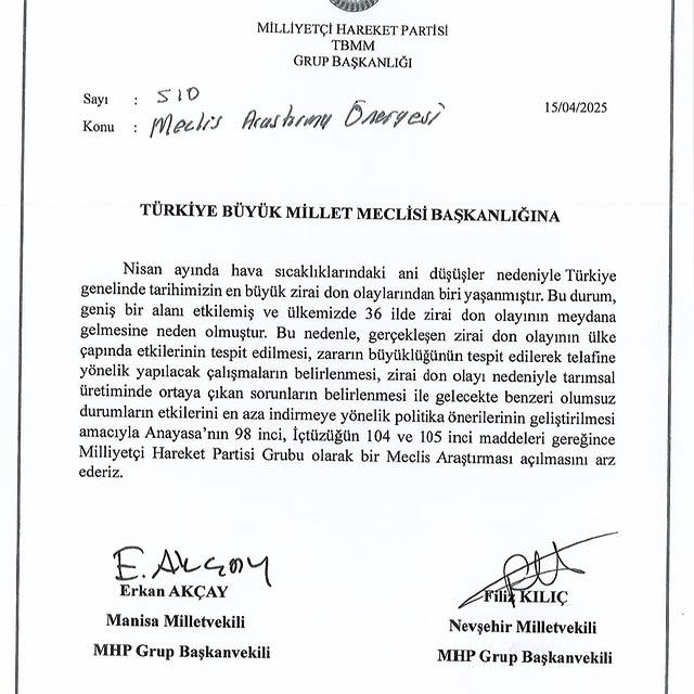 Nevşehir Milletvekili Tarım Felaketinin Araştırılması Talebinde Bulundu