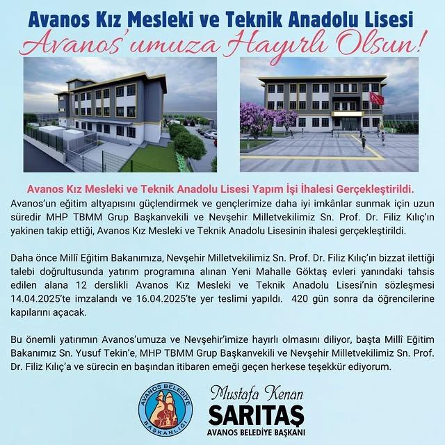 Avanos’ta Kız Mesleki ve Teknik Anadolu Lisesi İhalesi Gerçekleştirildi