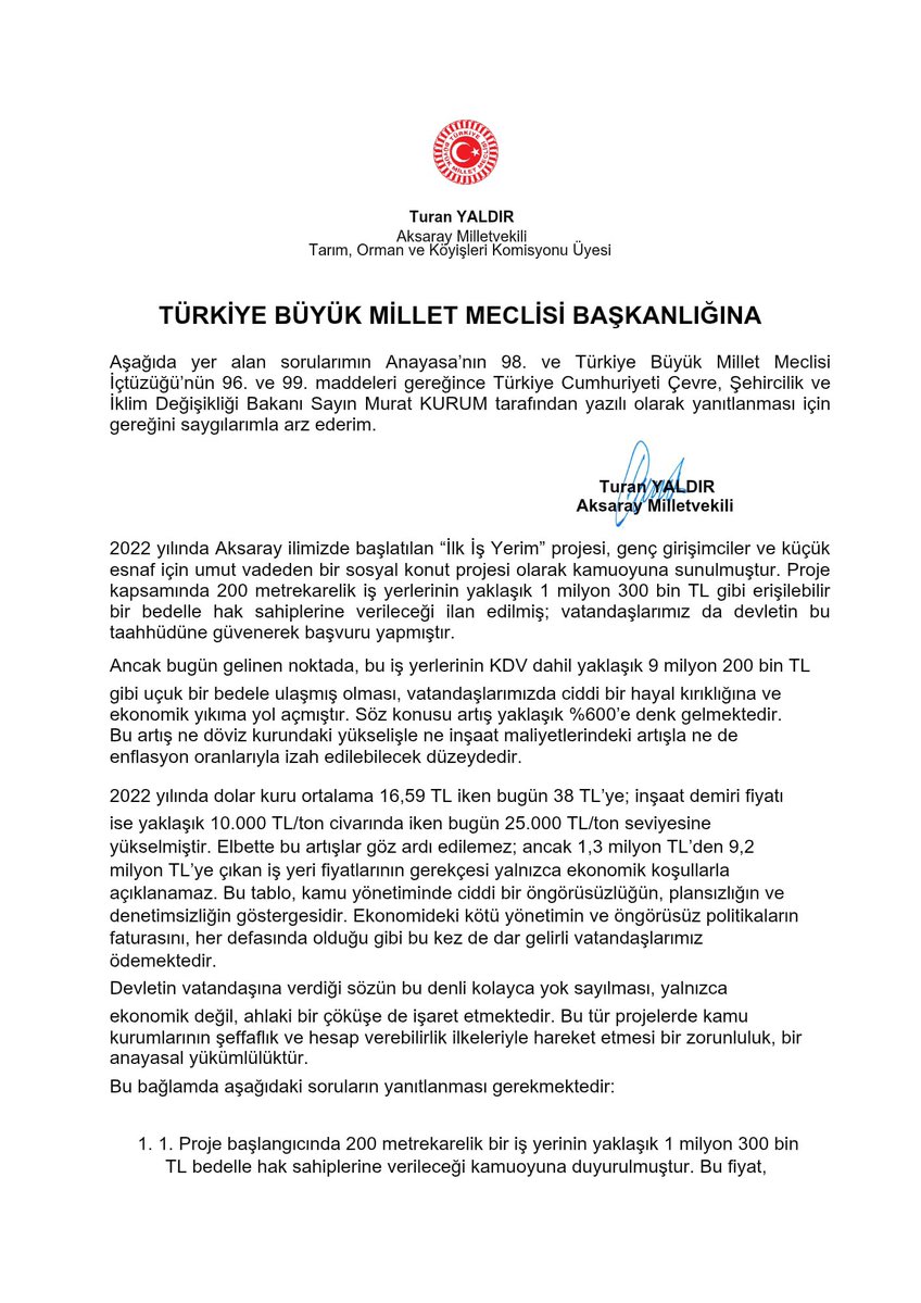 Aksaray Milletvekili, TOKİ İş Yeri Fiyatlarındaki Artışı TBMM'ye Bildirdi