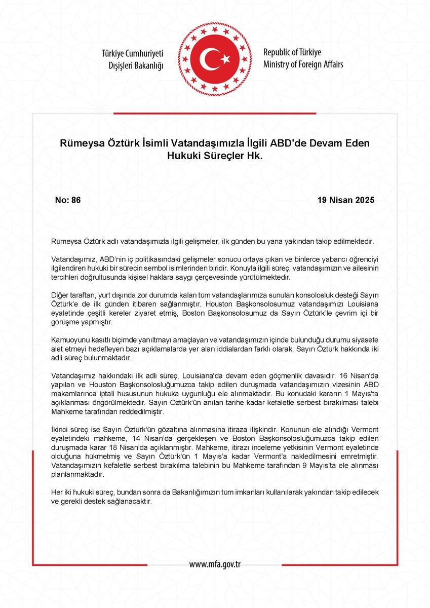 ABD'de Rümeysa Öztürk'ün Hukuki Süreci Devam Ediyor