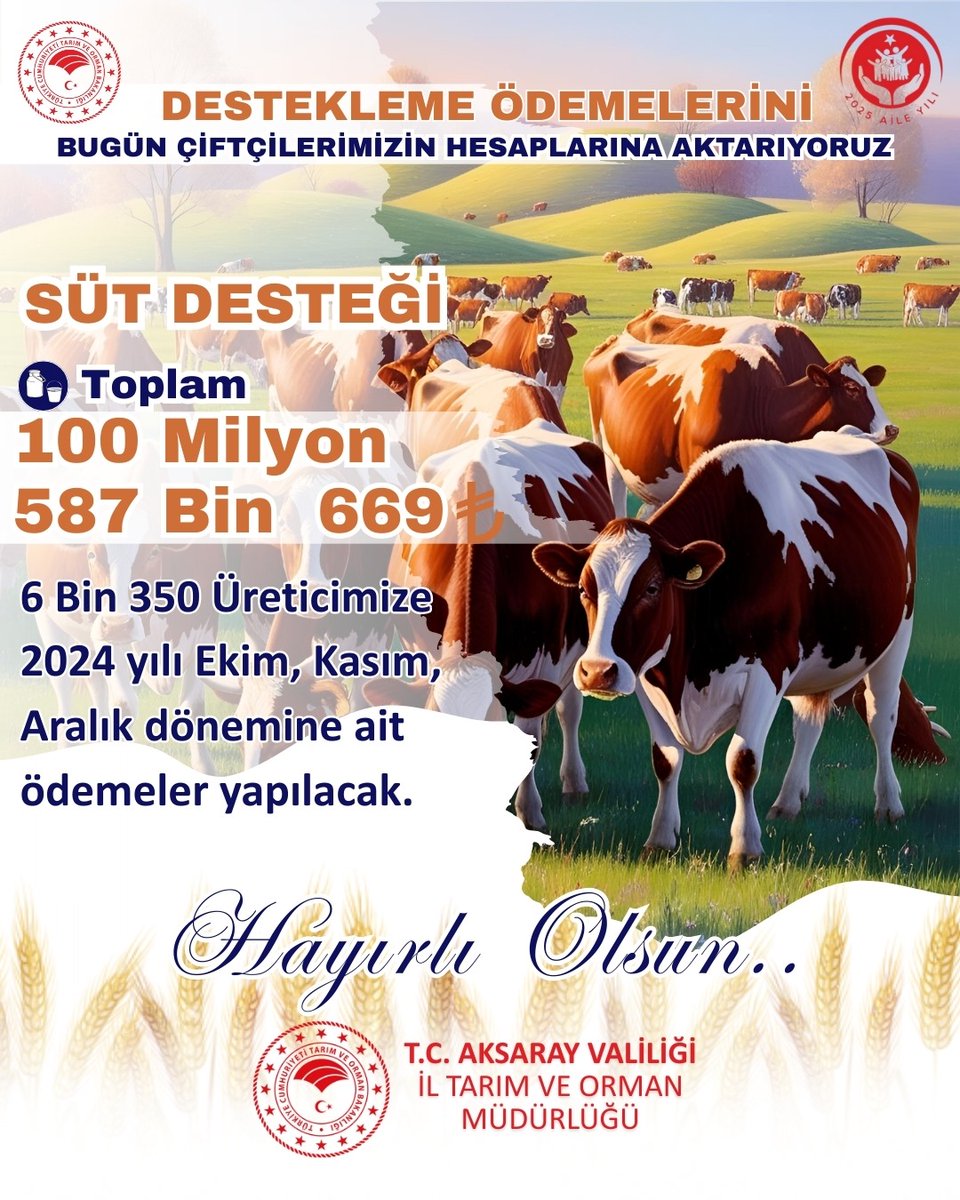 Aksaray'da Süt Desteği Ödemeleri Başladı: 6 Bin 350 Üretici Yararlandı