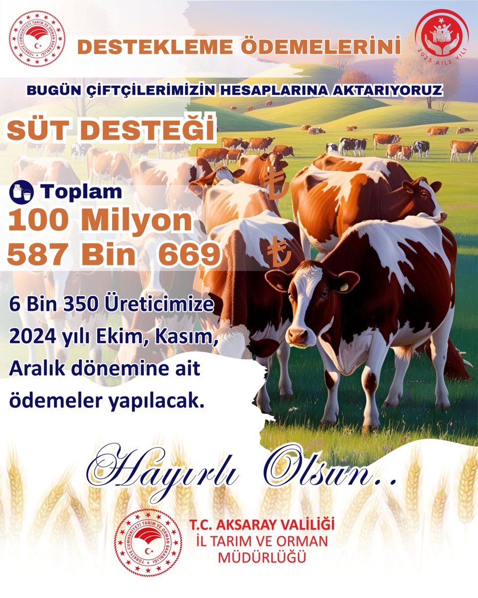 Aksaray'da Süt Üreticilerine 100 Milyon TL Destek Ödemesi Başladı