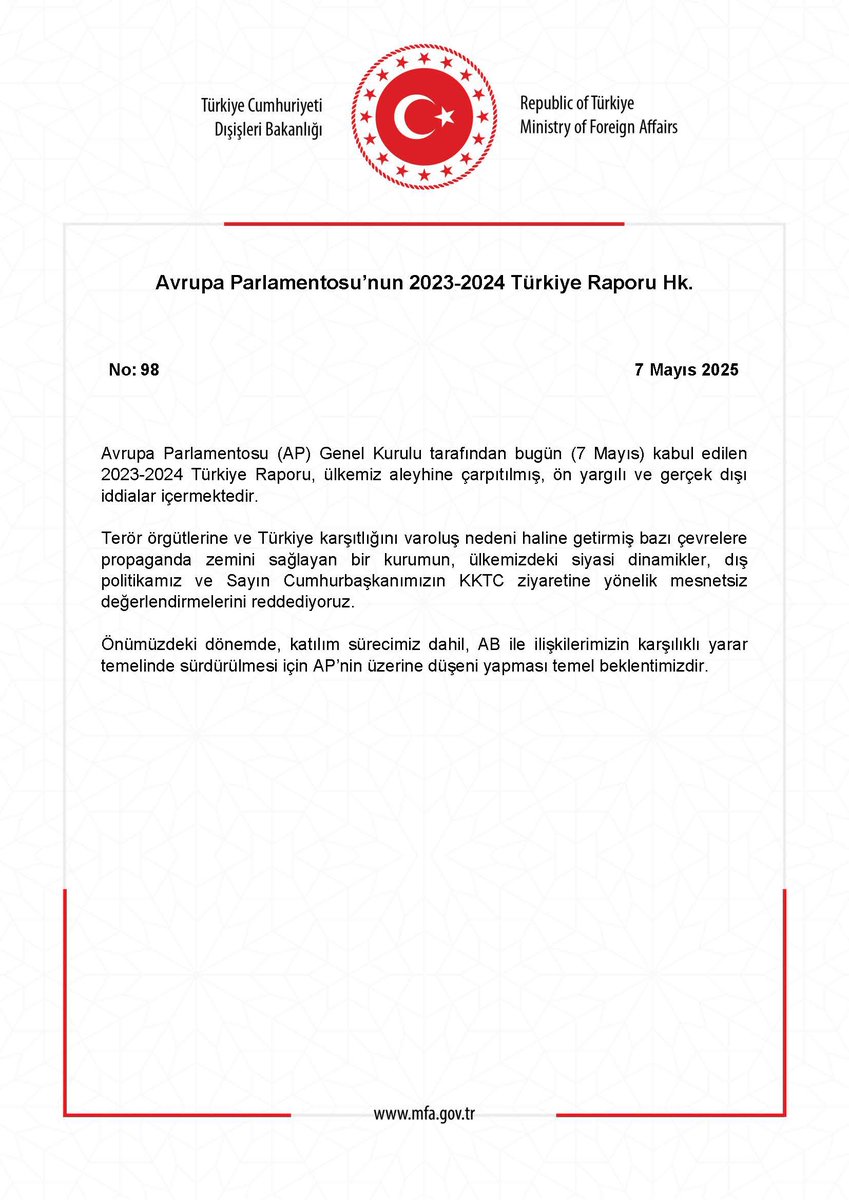 Dışişleri Bakanlığı, Avrupa Parlamentosu'nun Türkiye Raporu Hakkında Açıklama Yaptı