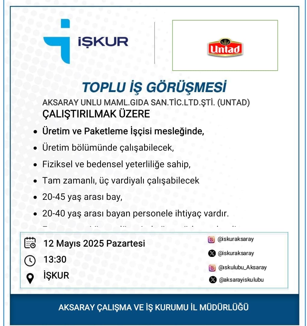 Aksaray'da Unlu Mamülleri Üretiminde Çalışacak Personel Alımı