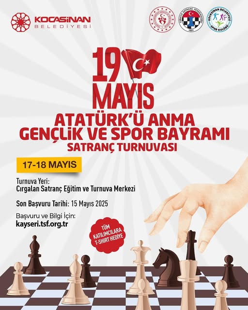 Kocasinan Belediyesi, 19 Mayıs Atatürk'ü Anma Gençlik ve Spor Bayramı Satranç Turnuvası Düzenliyor