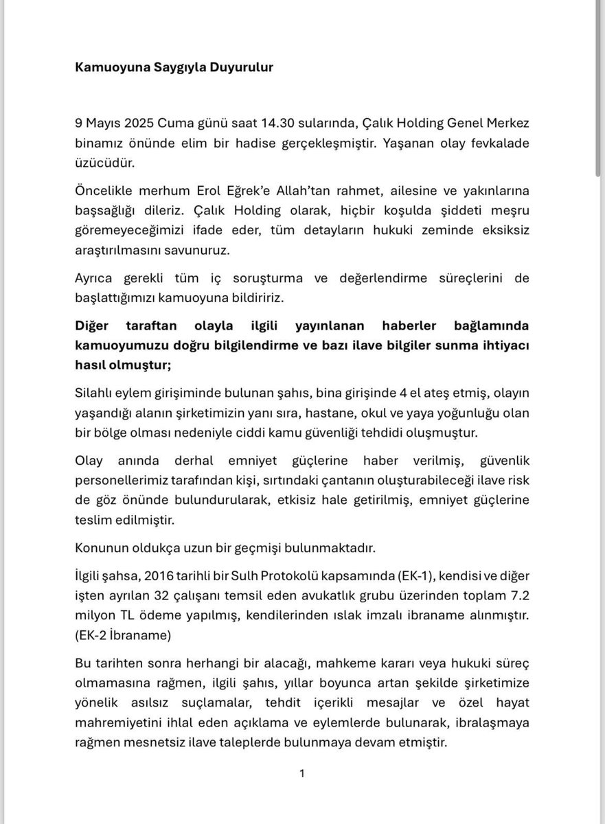 Çalık Holding, Şiddeti Reddediyor ve Hukuki Soruşturmayı Destekliyor