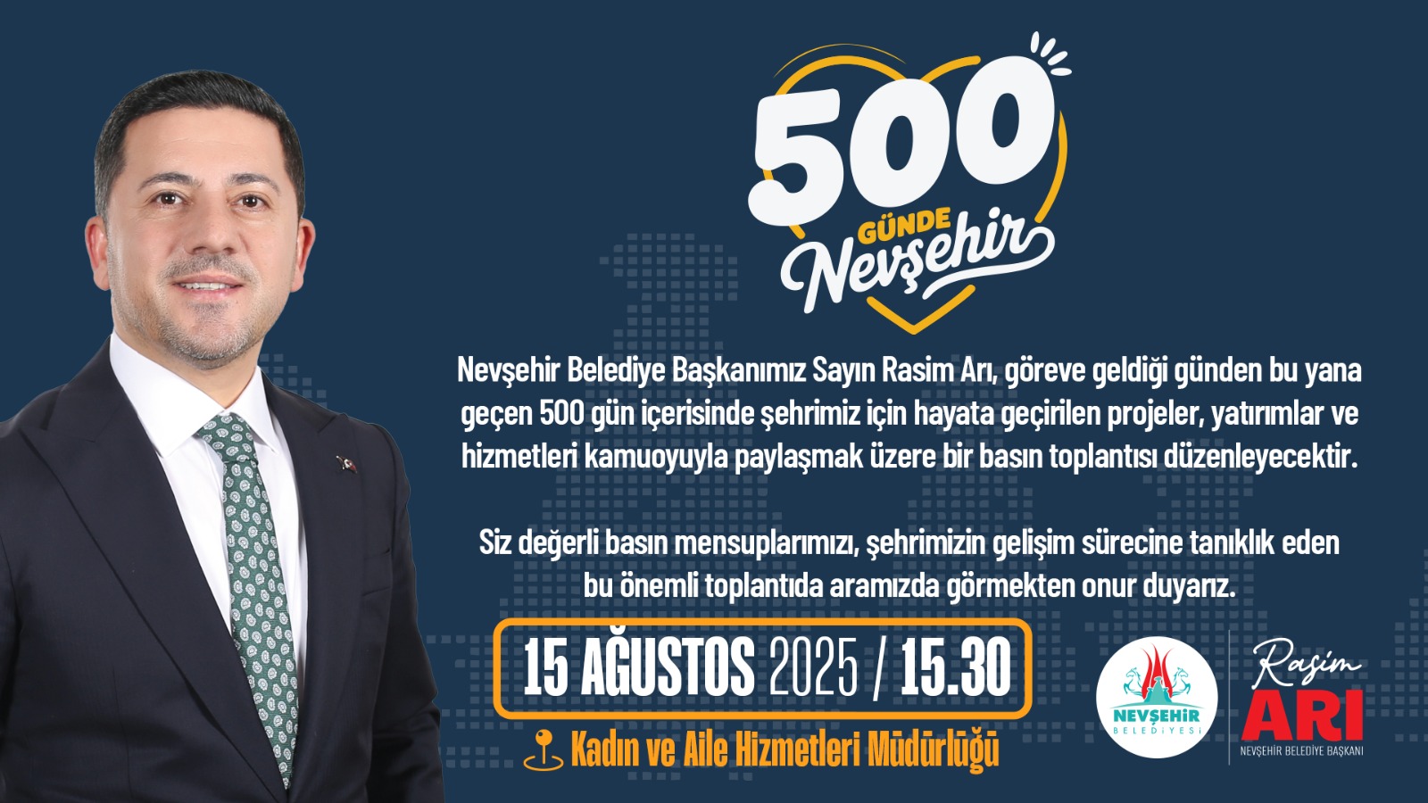 Nevşehir Belediyesi Gönül Sofrası, Hizmetlerle Dolu 500 Gün (Basın Toplantısı) ve Mukaddes Emanetler (Kabe Örtüleri) Sergisi için siz kıymetli basın mensuplarımızı aramızda görmekten mutluluk ve onur duyacağız. 